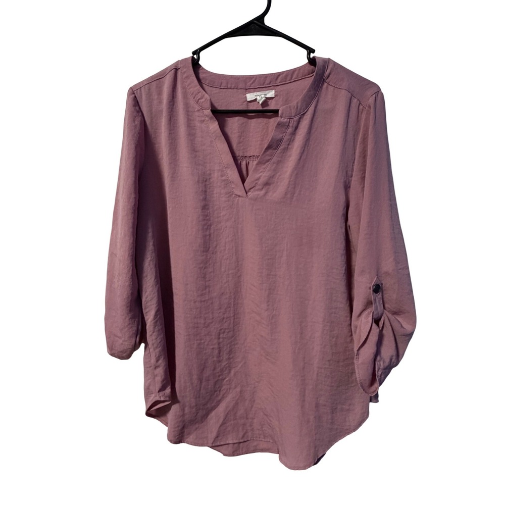 Maurices Blouse Womens Small‎ Mauve 3/4 Roll Tab Sleeve V-Neck